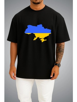 Bahriyeli Collection Oversize Ukrayna Bayrağı ve Haritası Göğüs Baskılı Unisex T-Shirt
