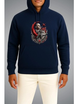 Bahriyeli Collection Kapüşonlu Atatürk Kurt ve Kızıl Ay Yıldız Göğüs Baskılı Unisex Sweatshirt