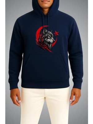 Bahriyeli Collection Kapüşonlu Kızıl Ay ve Kurt Göğüs Baskılı Unisex Sweatshirt