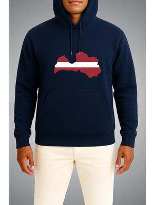 Bahriyeli Collection Kapüşonlu Letonya Bayrağı ve Haritası Göğüs Baskılı Unisex Sweatshirt