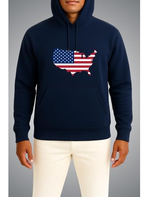 Bahriyeli Collection Kapüşonlu Amerika Bayrağı ve Haritası Göğüs Baskılı Unisex Sweatshirt