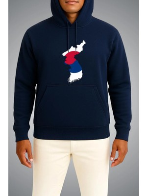 Bahriyeli Collection Kapüşonlu Güney Kore Bayrağı ve Haritası Göğüs Baskılı Unisex Sweatshirt