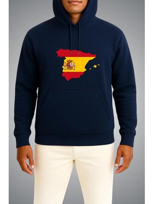 Bahriyeli Collection Kapüşonlu Ispanya Bayrağı ve Haritası Göğüs Baskılı Unisex Sweatshirt