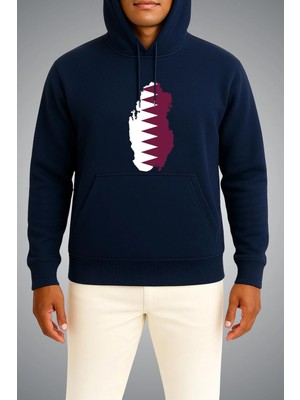 Bahriyeli Collection Kapüşonlu Katar Bayrağı ve Haritası Göğüs Baskılı Unisex Sweatshirt