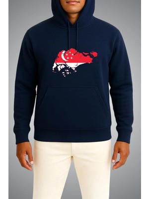 Bahriyeli Collection Kapüşonlu Singapur Bayrağı ve Haritası Göğüs Baskılı Unisex Sweatshirt