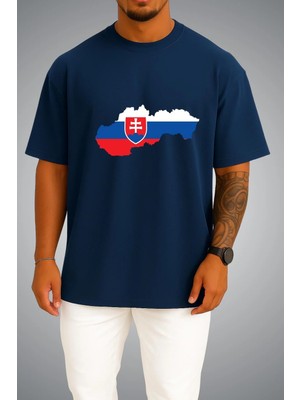 Bahriyeli Collection Oversize Slovakya Bayrağı ve Haritası Göğüs Baskılı Unisex T-Shirt