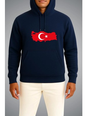 Bahriyeli Collection Kapüşonlu Türk Bayrağı ve Haritası Göğüs Baskılı Unisex Sweatshirt