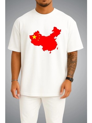 Bahriyeli Collection Oversize Çin Bayrağı ve Haritası Göğüs Baskılı Unisex T-Shirt
