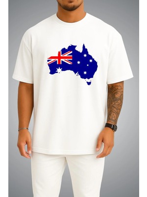 Bahriyeli Collection Oversize Avustralya Bayrağı ve Haritası Göğüs Baskılı Unisex T-Shirt