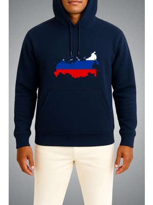 Bahriyeli Collection Kapüşonlu Rusya Bayrağı ve Haritası Göğüs Baskılı Unisex Sweatshirt