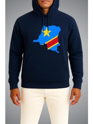Bahriyeli Collection Kapüşonlu Demokratik Kongo Cumhuriyeti Bayrağı ve Haritası Büyük Göğüs Baskılı Unisex Sweatshirt