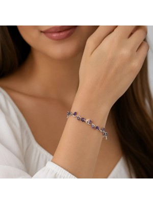 Fm 💎 Premium Parlak Mor Taşlı Yaprak Detaylı Zarif Kadın Bijuteri Bileklik (20cm)