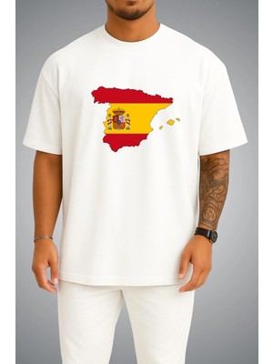 Bahriyeli Collection Oversize Ispanya Bayrağı ve Haritası Göğüs Baskılı Unisex T-Shirt