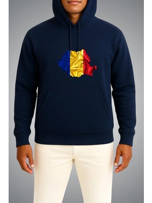 Bahriyeli Collection Kapüşonlu Romanya Bayrağı ve Haritası Göğüs Baskılı Unisex Sweatshirt