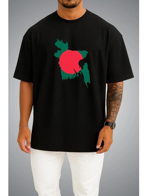 Bahriyeli Collection Oversize Bangladeş Bayrağı ve Haritası Göğüs Baskılı Unisex T-Shirt