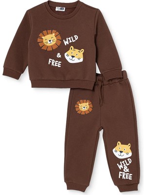 Hellobaby Erkek Bebek Eşofman Takımı Hayvan Baskılı Fermuarlı Dik Yaka Long Sleeve Ribanalı