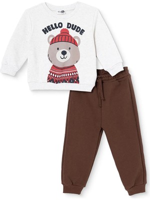 Hellobaby Erkek Bebek Eşofman Takımı Hayvan Baskılı Bisiklet Yaka Long Sleeve Ribanalı