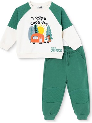 Hellobaby Erkek Bebek Eşofman Takımı Kamp Baskılı Bağcıklı Bisiklet Yaka Long Sleeve Ribanalı