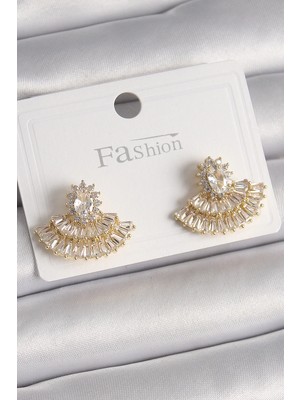 Aslanoğlu Store Pirinç Gold Renk Zirkon Taşlı Yelpaze Model Kadın Küpe