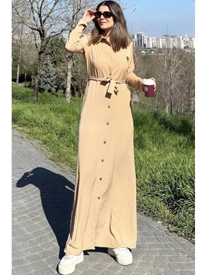 Kadın Bej Kupra Kumaş, Uzun Kol, Beli Kuşaklı, Vucüda Oturan Kalıp, Uzun Gömlek Elbise