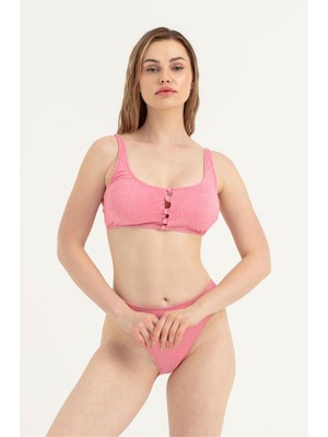 Obje Kadın Pembe Önü Düğme Detay Simli Bikini Takım