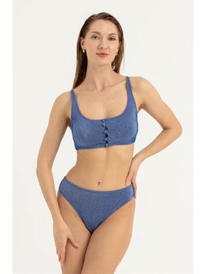 Obje Kadın Mavi Önü Düğme Detay Simli Bikini Takım