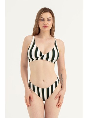Obje Kadın Yeşil Çizgili V Yaka Bikini Takım