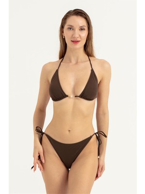 Obje Kadın Kahverengi Önü Inci Detay Bikini Takım