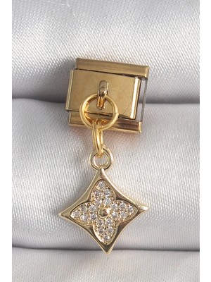 TeknoKapsül 316L Çelik Gold Renk Sallantı Zirkon Taşlı Çiçek Işlemeli Nomination Charm