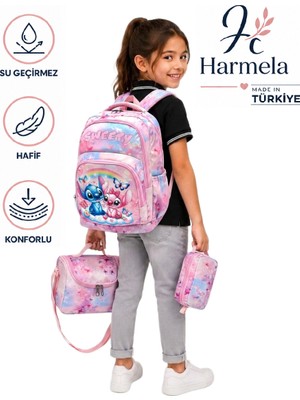 Harmela Kız Çocuk Ilk Okul Çantası 3'lü Set Ilkokul Çantası Karakter Desenli Takım Pudra