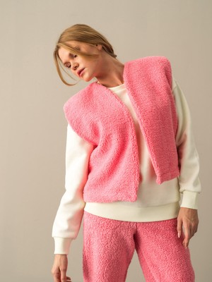 Xint Kadın Pembe Oversize Dik Yaka Kuzu Yelek