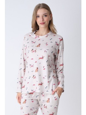 Obje Kadın Köpek Desen Bisiklet Yaka Pijama Üstü