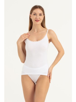 Obje Kadın Beyaz Likra Cotton Önü Dantel Detay Atlet