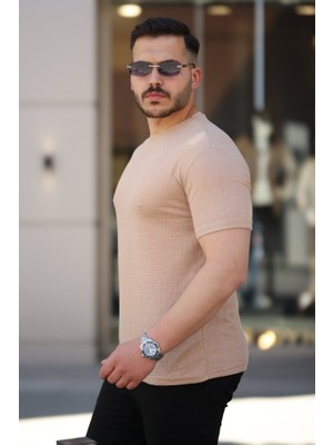 Mrayss  Erkek Ağaç Kabuğu Desenli Kısa Kollu T-Shirt