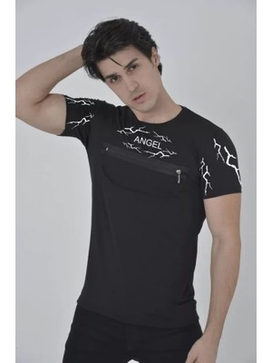 Mrayss  Unisex Göğüs Fermuarlı Baskılı T-Shirt - Siyah