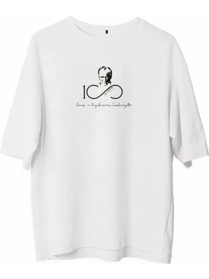 Mrayss  Unisex Bisiklet Yaka Baskılı Oversize T-Shirt - Beyaz