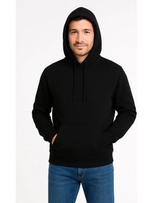 Mrayss  Erkek Üç Iplik Kapüşonlu Kanguru Cepli Sweatshirt Hoodie - Siyah