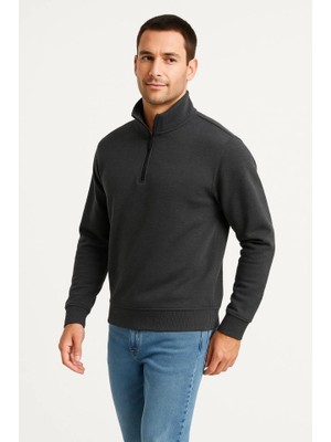 Mrayss  Erkek Dik Yaka Sweatshirt Dik Yaka Yarım Fermuarlı 3 Iplik Şardonlu Pamuk Kumaş - Antrasit