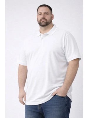 Mrayss  Erkek Pike Kumaş Düğmeli Yaka Battal Büyük Beden Günlük Kısa Kol Tişört T-Shirt - Beyaz