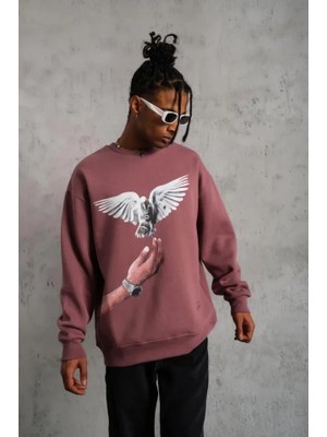 Mrayss  Erkek Güvercin Baskılı Sweatshirt - Gül Kurusu