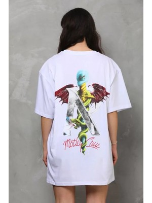 Mrayss  Unisex Bisiklet Yaka Baskılı Oversize T-Shirt - Beyaz