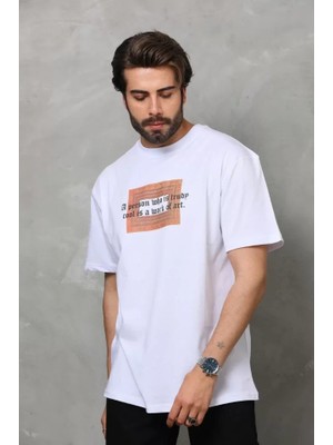 Mrayss  Unisex Bisiklet Yaka Baskılı Oversize T-Shirt - Beyaz