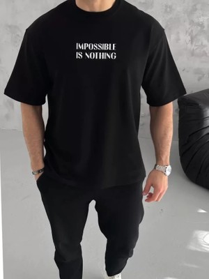 Mrayss  Unisex Bisiklet Yaka Baskılı Oversize T-Shirt - Siyah