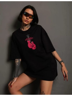 Mrayss  Unisex Bisiklet Yaka Baskılı Oversize T-Shirt - Siyah