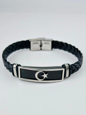 TeknoKapsül Siyah Deri / Çelik Erkek Deri Bileklik 20 cm - EBL0125