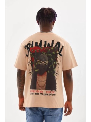 Mrayss  Unisex Baskılı Oversize T-Shirt - Bej