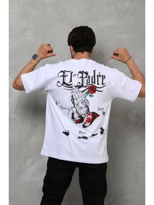 Mrayss  Unisex Bisiklet Yaka Baskılı Oversize T-Shirt - Beyaz