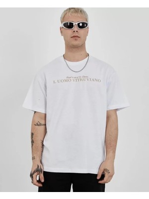 Mrayss  Unisex Bisiklet Yaka Baskılı Oversize T-Shirt - Beyaz