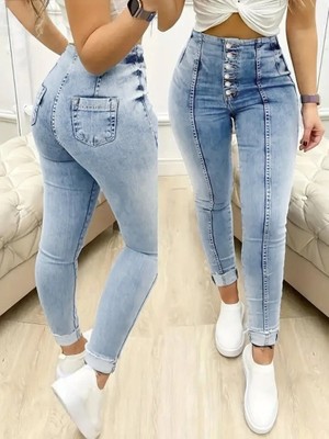 Mrayss  Kadın Yüksek Bel Önden Düğmeli Jean Pantolon