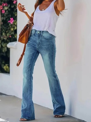 Mrayss  Kadın Yüksek Bel Cepli Paçaya Doğru Ispanyol Kot Pantolon